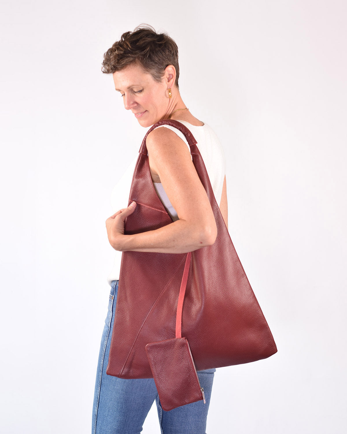 Large Italian Leather Boho Triangle Tote Bag - Brick Red