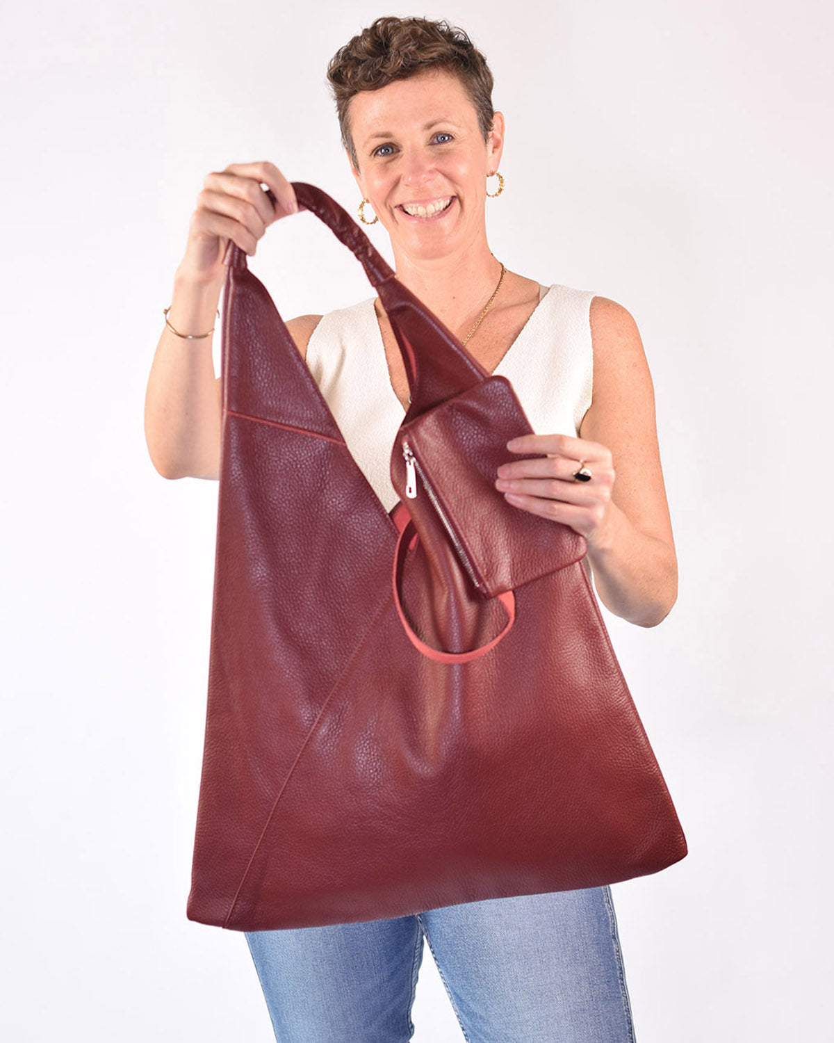 Large Italian Leather Boho Triangle Tote Bag - Brick Red
