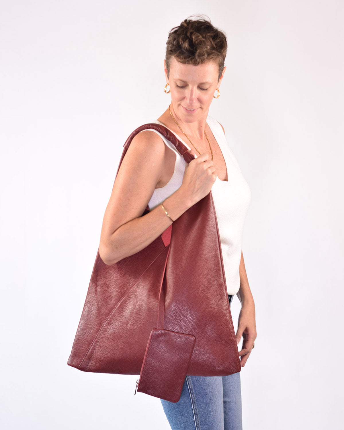 Large Italian Leather Boho Triangle Tote Bag - Brick Red