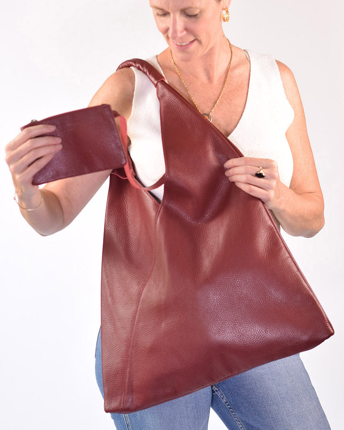 Large Italian Leather Boho Triangle Tote Bag - Brick Red