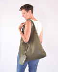 Large Italian Leather Boho Triangle Tote Bag - Olive Green
