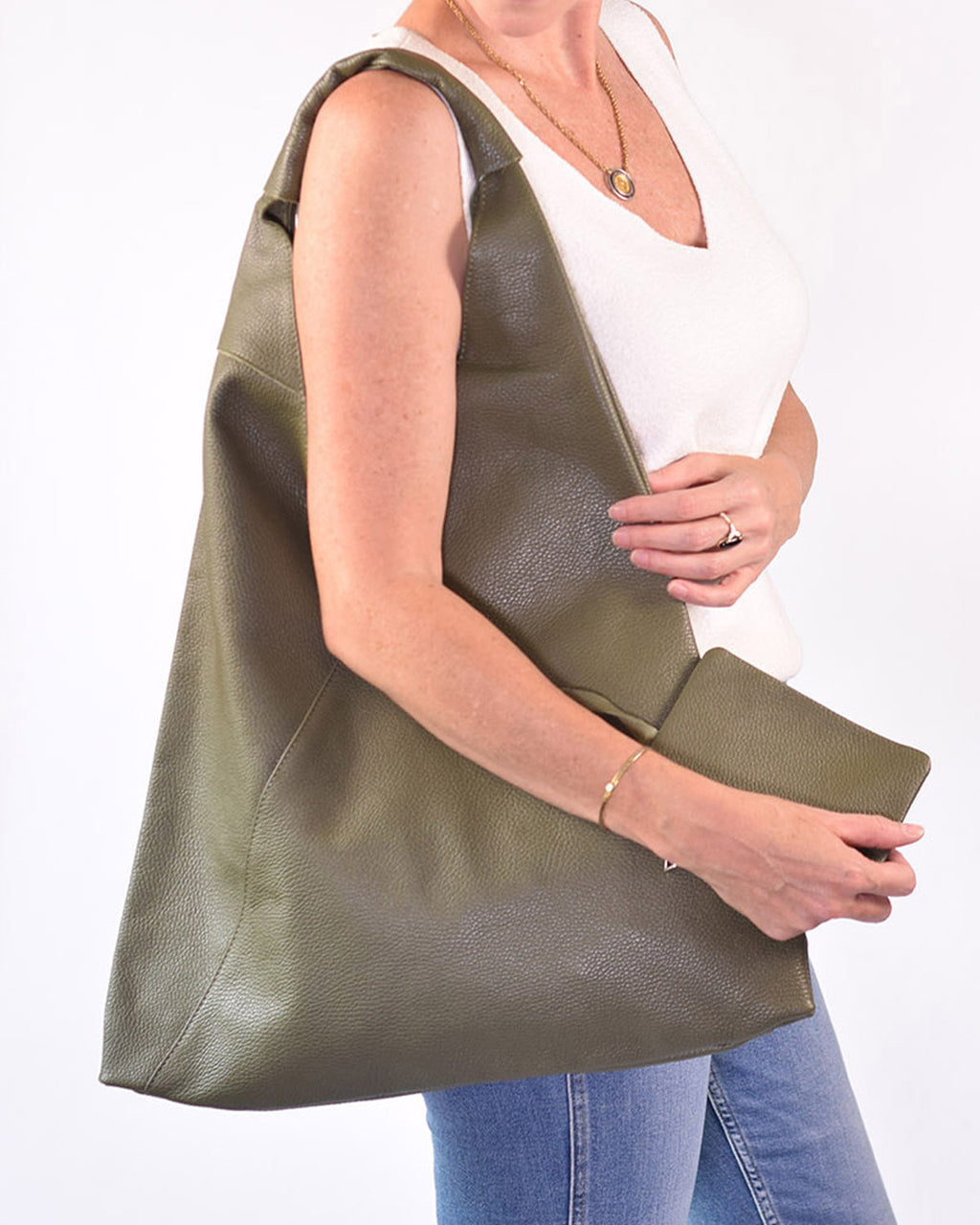 Large Italian Leather Boho Triangle Tote Bag - Olive Green