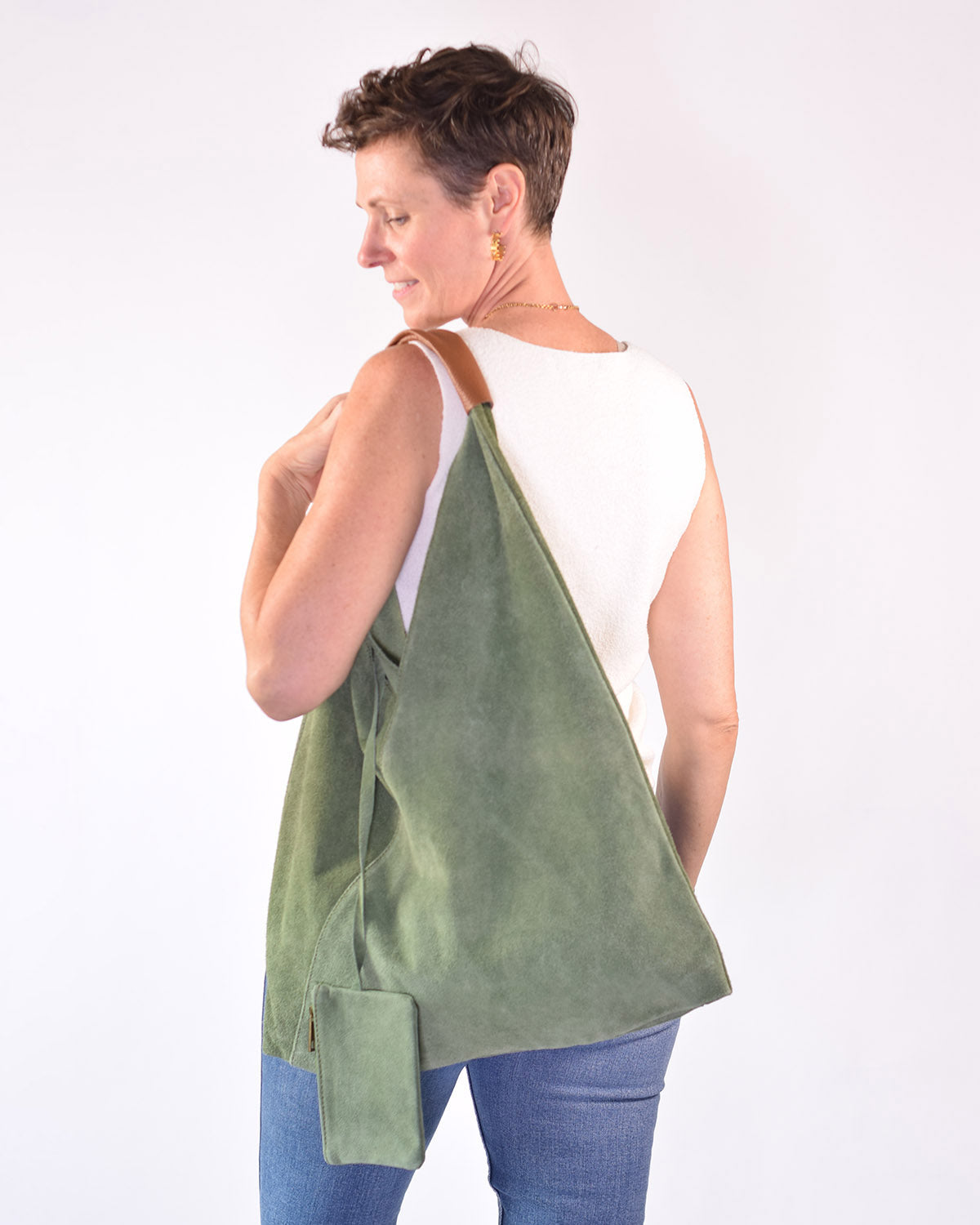 Large Italian Leather Boho Triangle Tote Bag - Green Suede