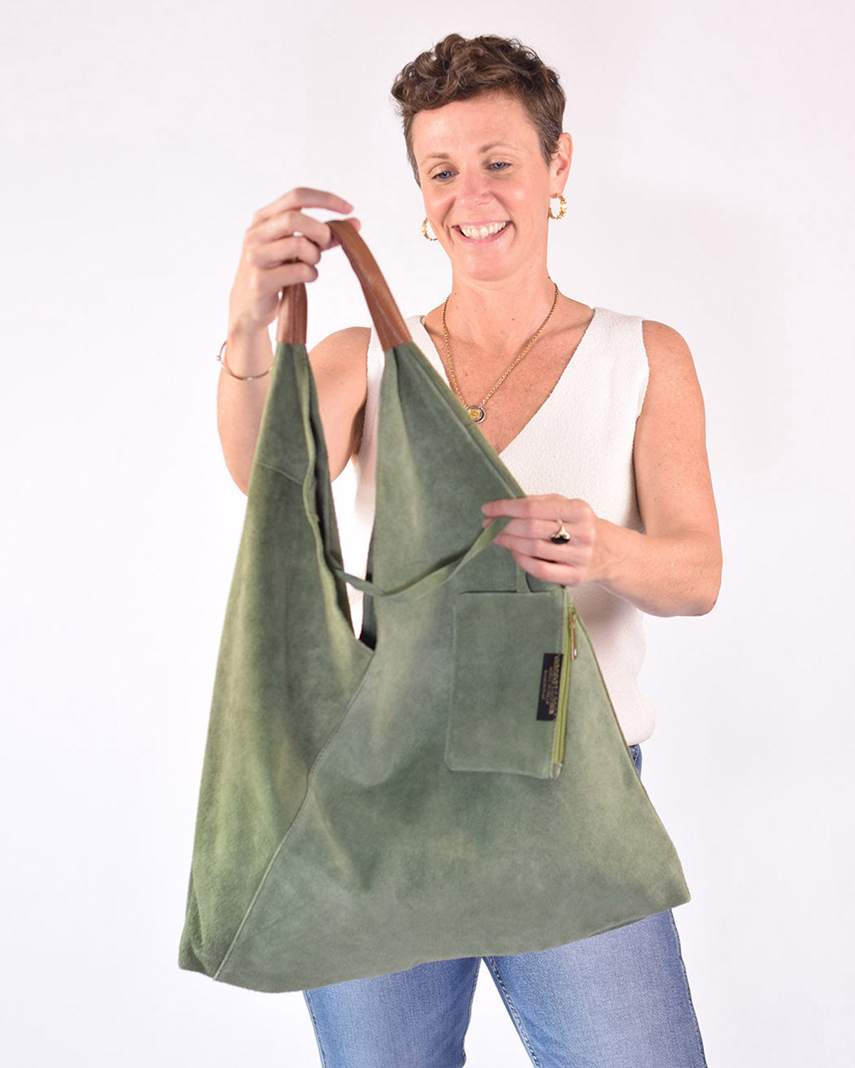 Large Italian Leather Boho Triangle Tote Bag - Green Suede