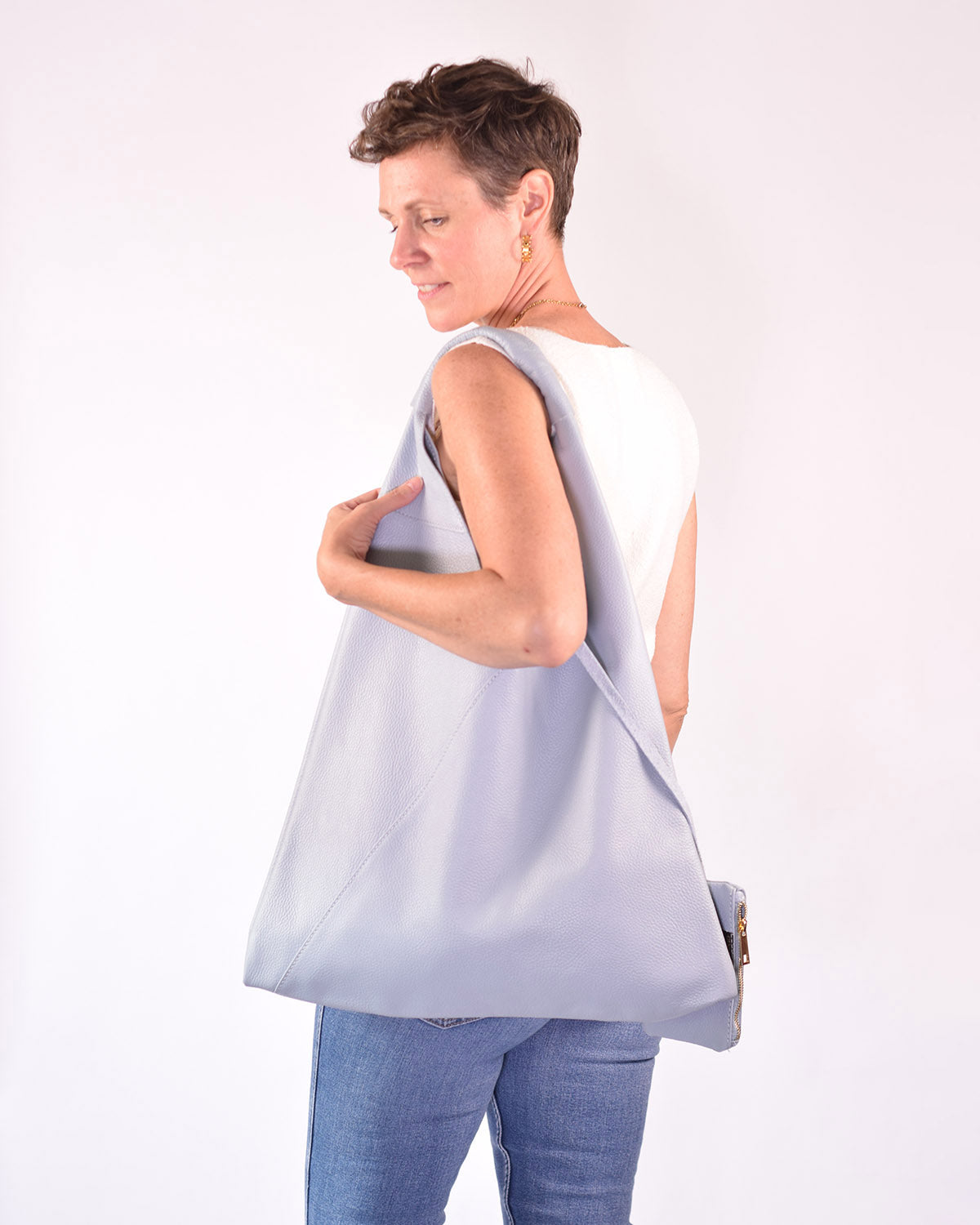 Large Italian Leather Boho Triangle Tote Bag - Slate Blue