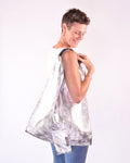 Large Italian Leather Boho Triangle Tote Bag - Shimmery Silver