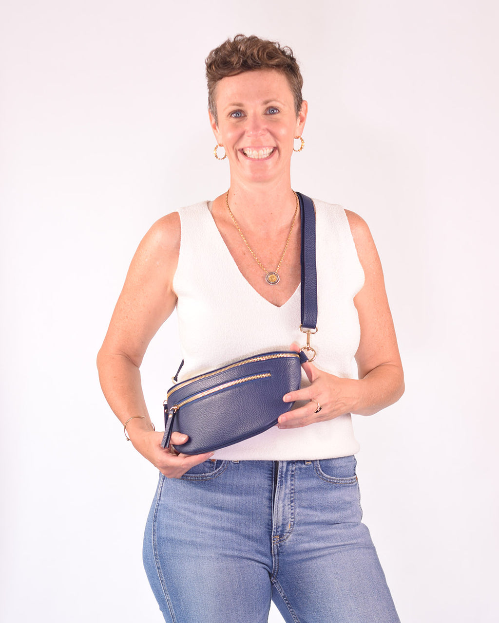 Large Italian Leather Sling / Crossbody Bag - Navy Blue