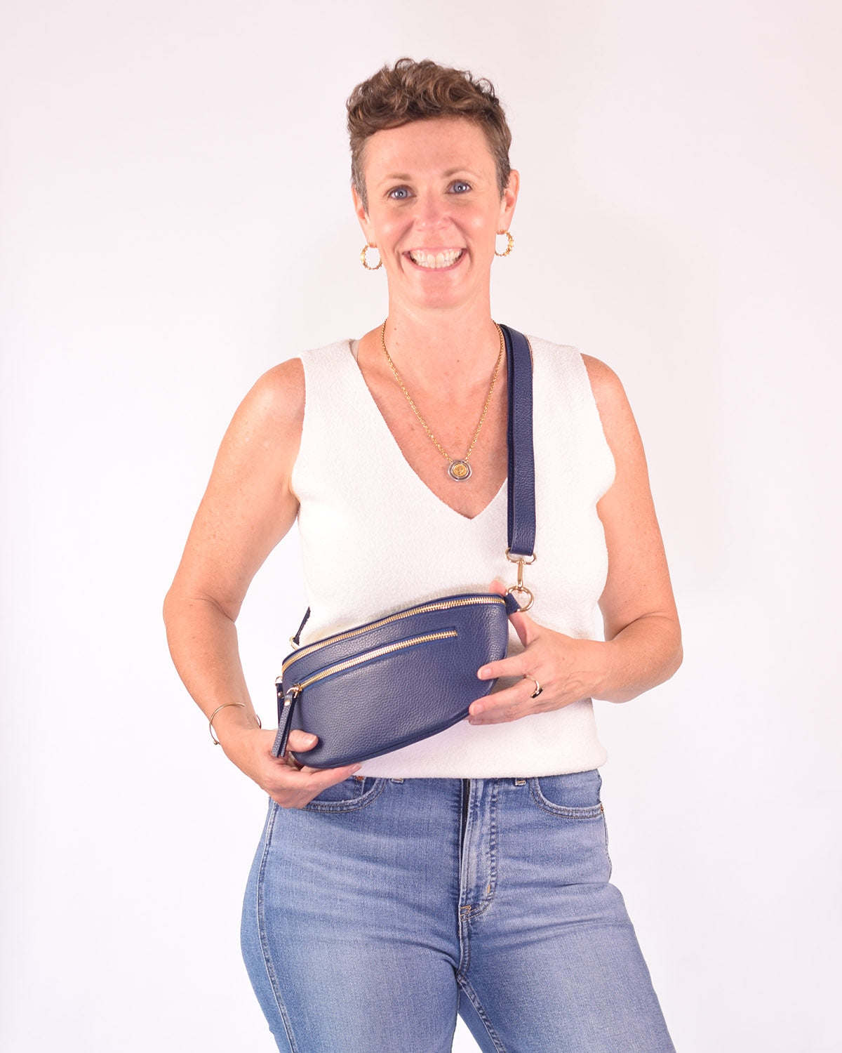 Large Italian Leather Sling / Crossbody Bag - Navy Blue