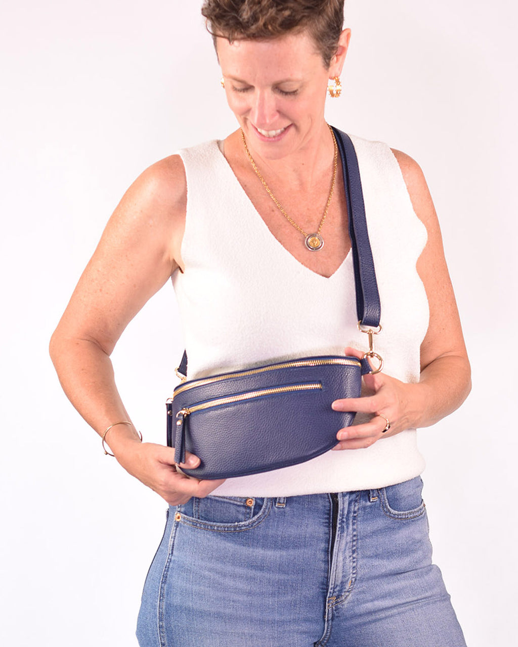 Large Italian Leather Sling / Crossbody Bag - Navy Blue