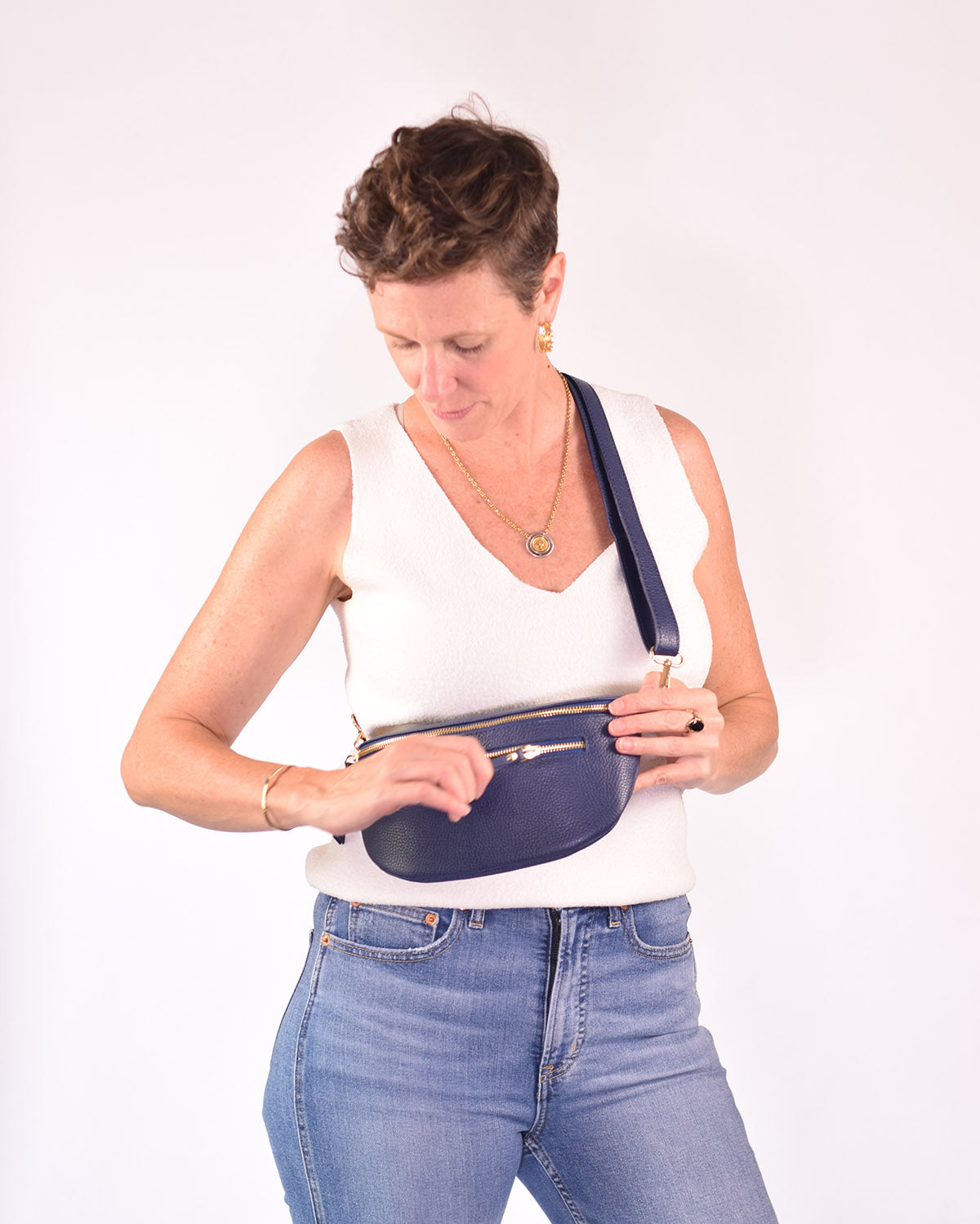 Large Italian Leather Sling / Crossbody Bag - Navy Blue