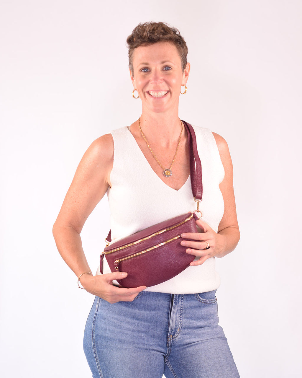Large Italian Leather Sling / Crossbody Bag - Deep Berry