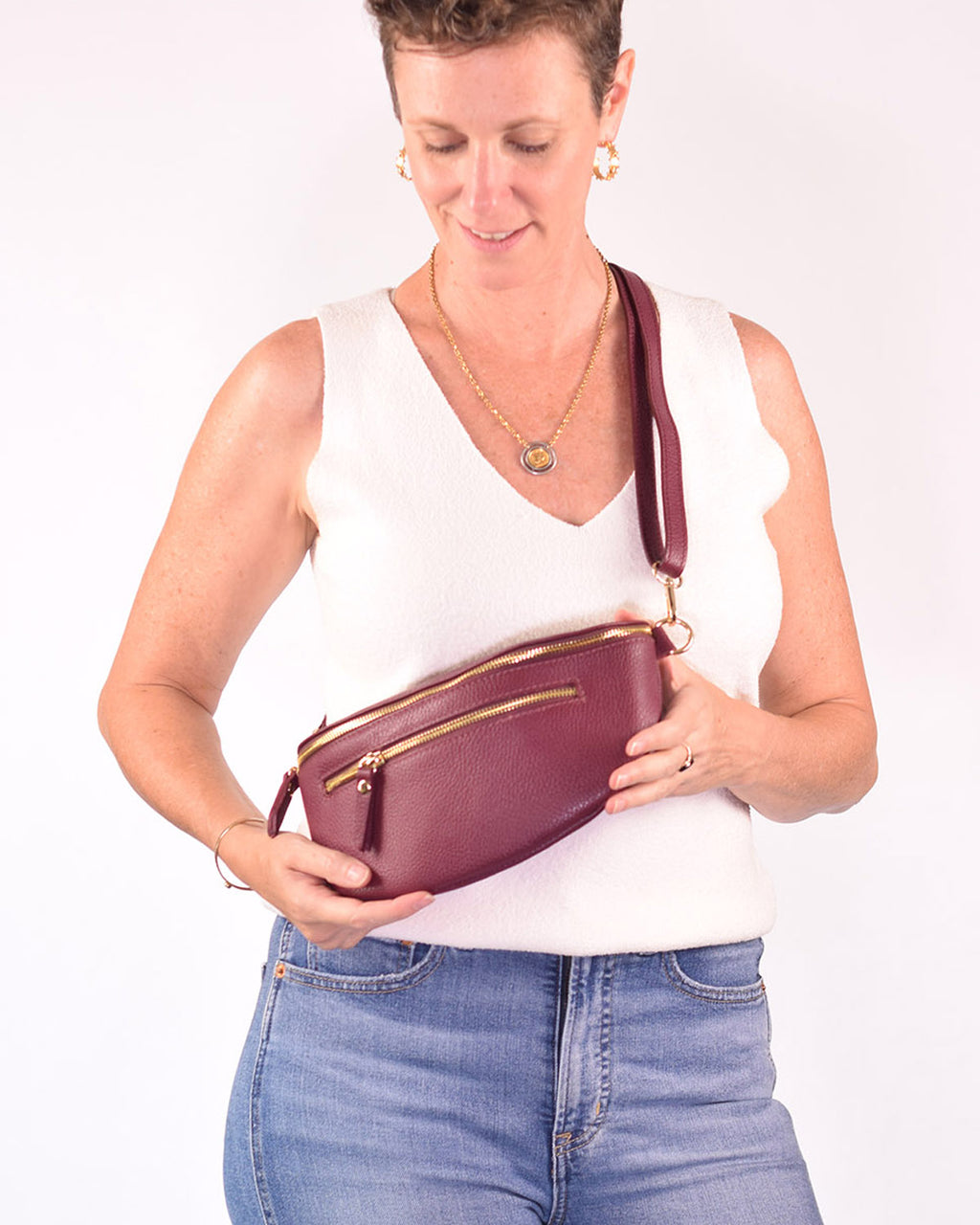 Large Italian Leather Sling / Crossbody Bag - Deep Berry