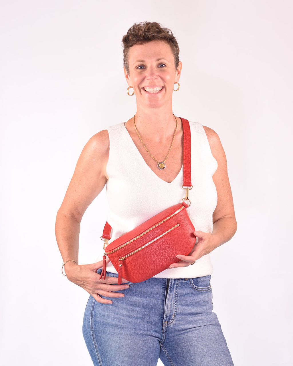 Large Italian Leather Sling / Crossbody Bag - Cherry Red