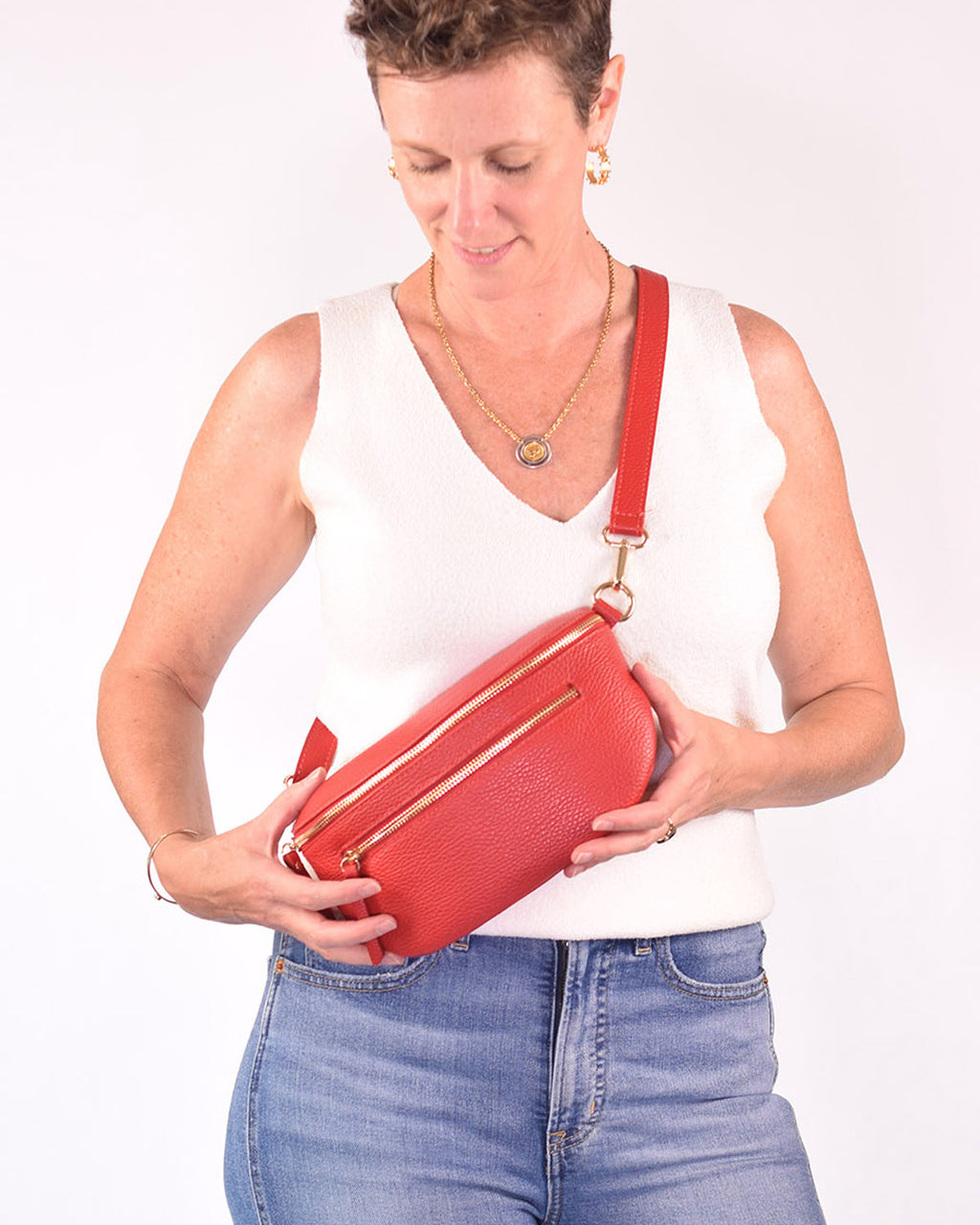 Large Italian Leather Sling / Crossbody Bag - Cherry Red