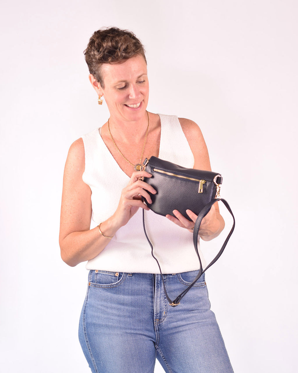 Medium Italian Leather Sling / Crossbody Bag - Navy Blue