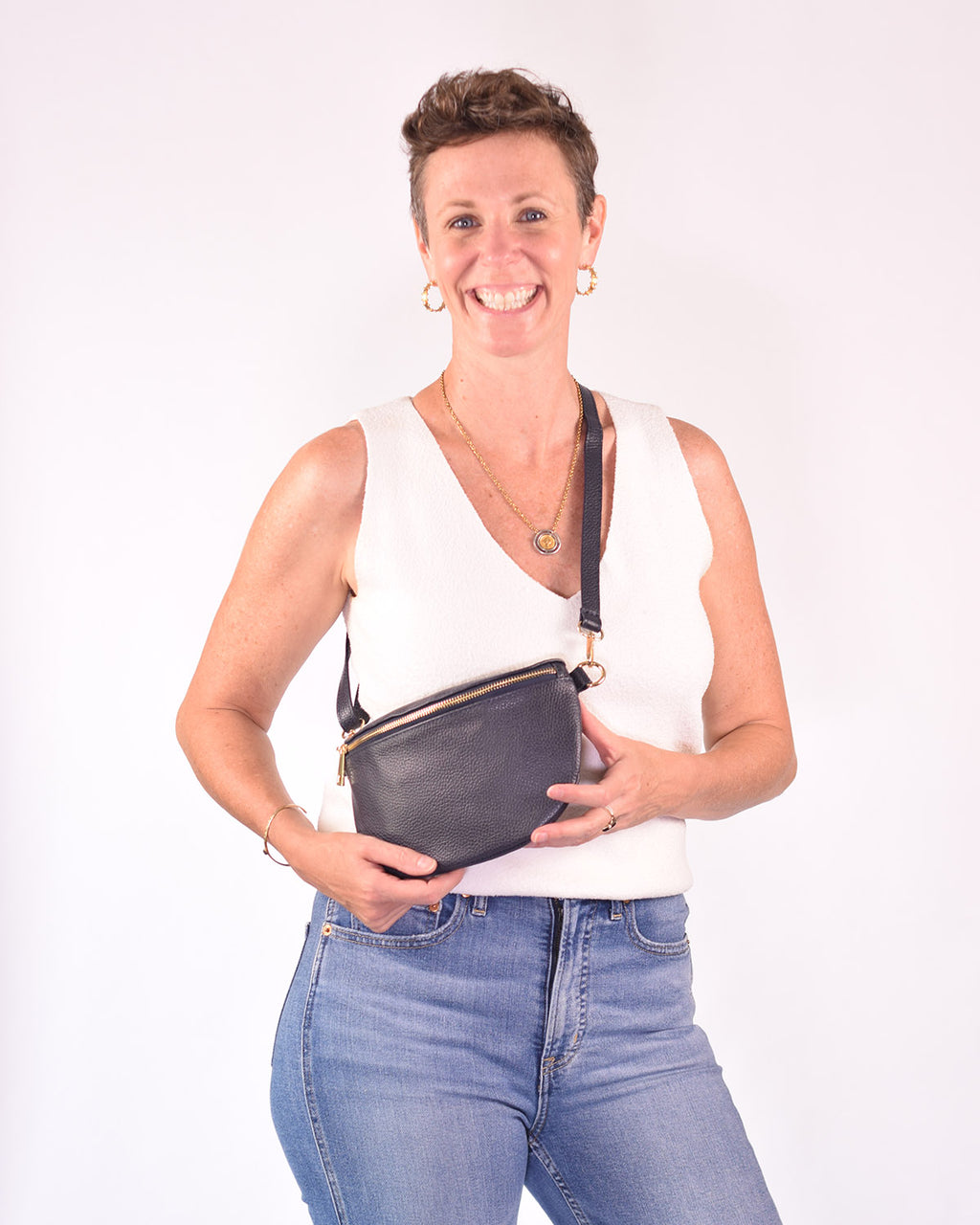 Medium Italian Leather Sling / Crossbody Bag - Navy Blue