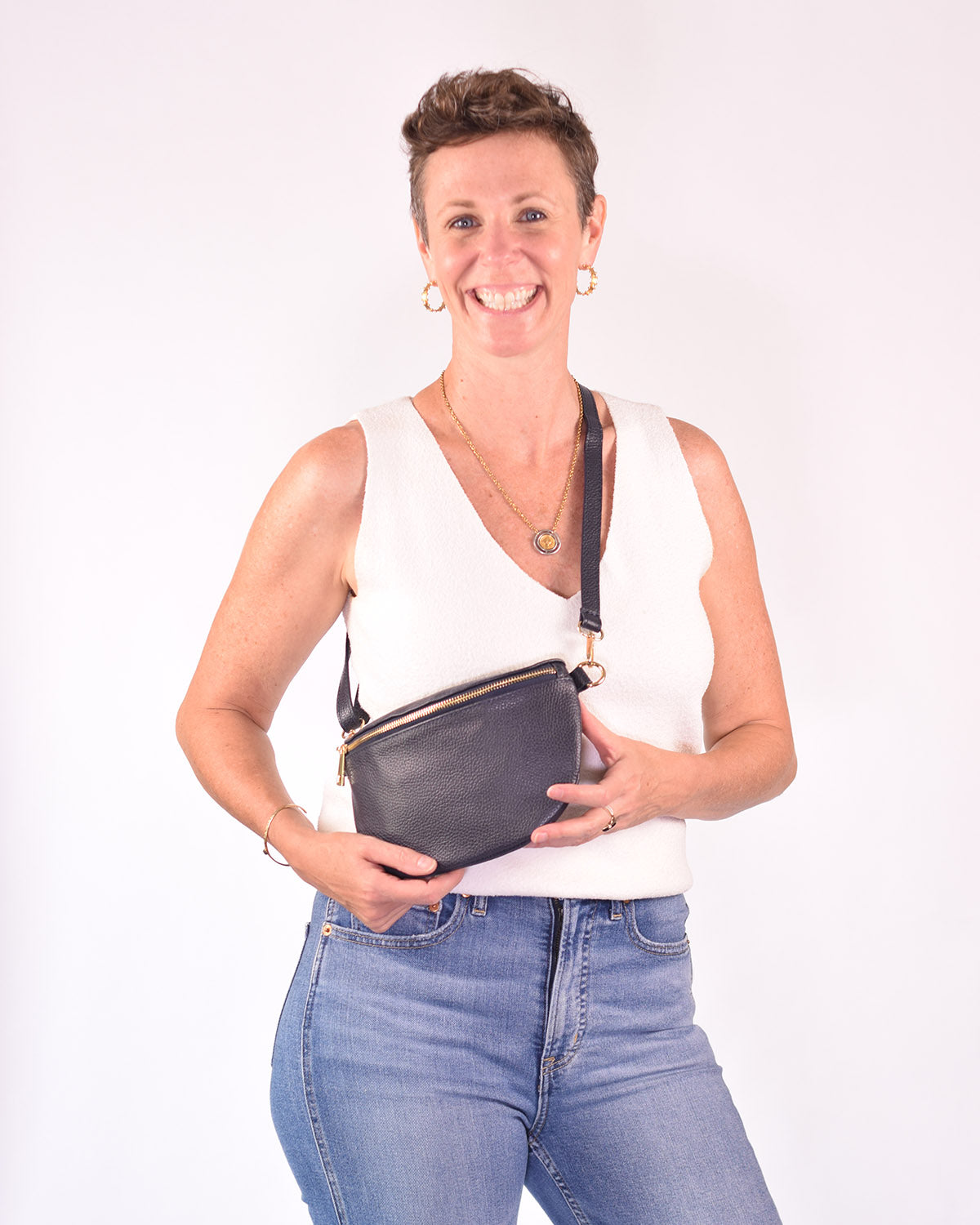 Medium Italian Leather Sling / Crossbody Bag - Navy Blue