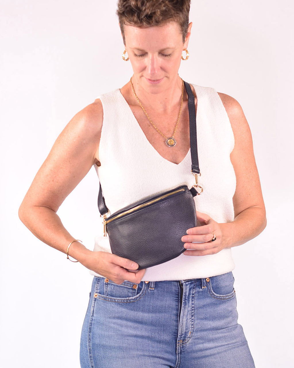 Medium Italian Leather Sling / Crossbody Bag - Navy Blue