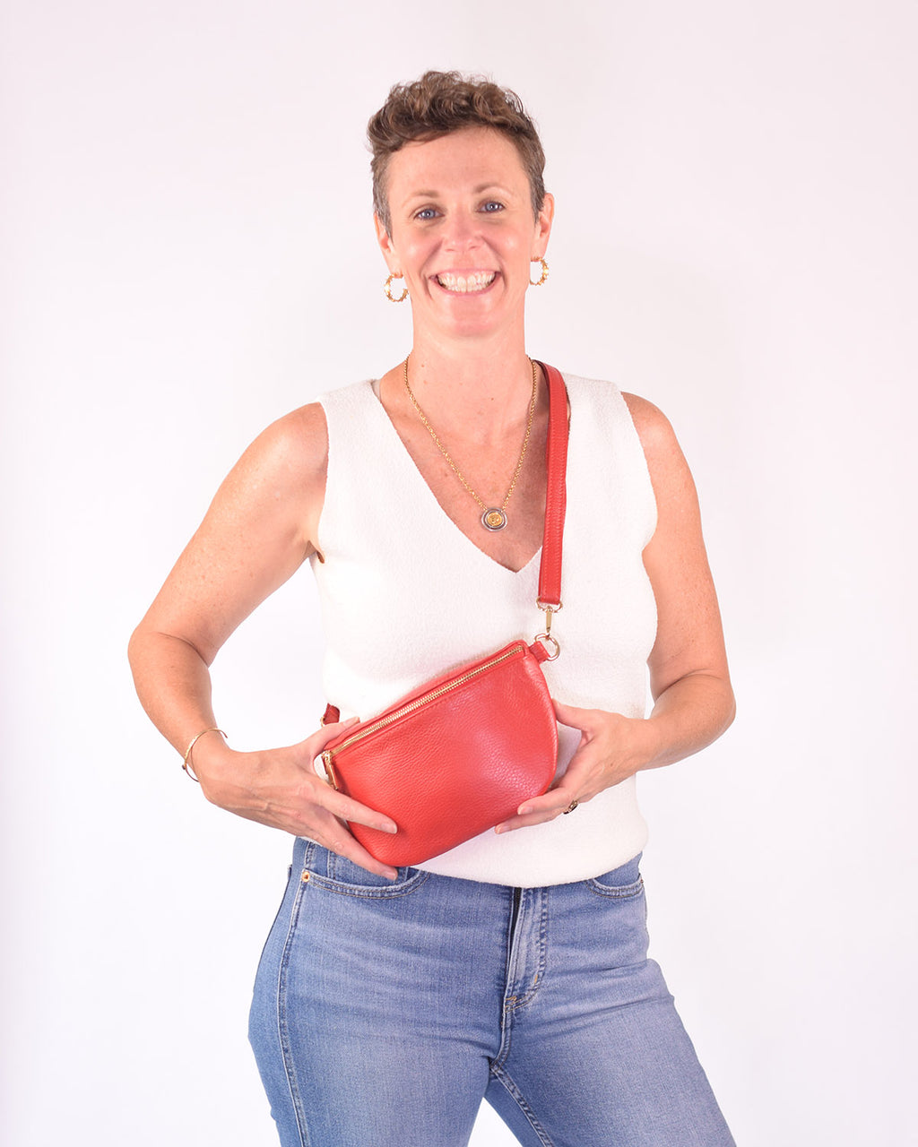 Medium Italian Leather Sling / Crossbody Bag - Cherry Red