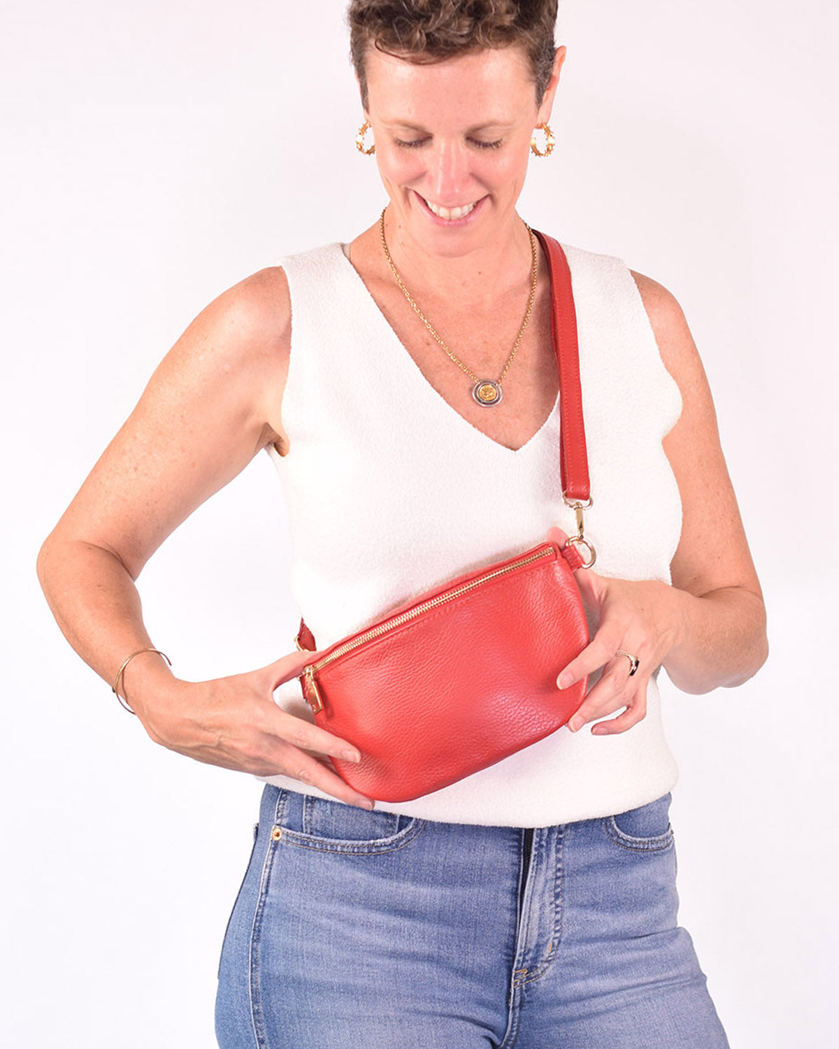Medium Italian Leather Sling / Crossbody Bag - Cherry Red