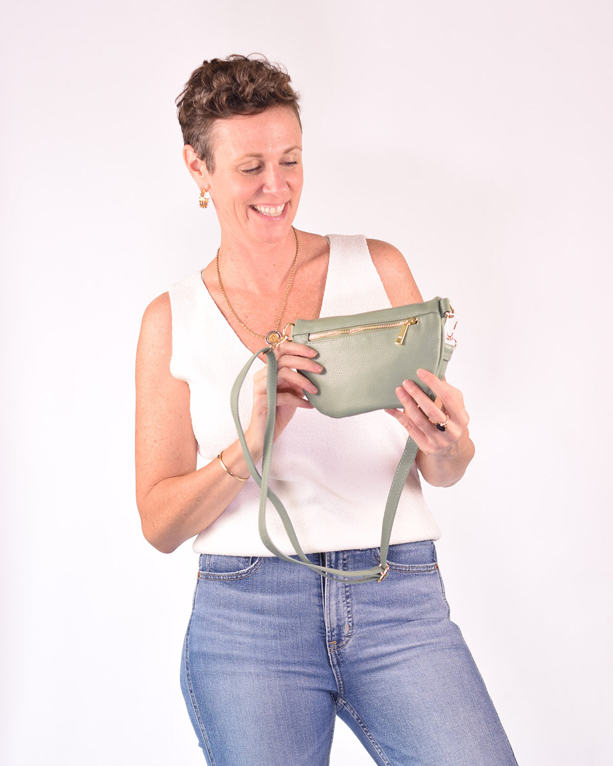 Medium Italian Leather Sling / Crossbody Bag - Sage
