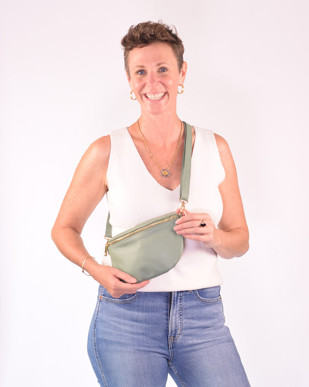 Medium Italian Leather Sling / Crossbody Bag - Sage