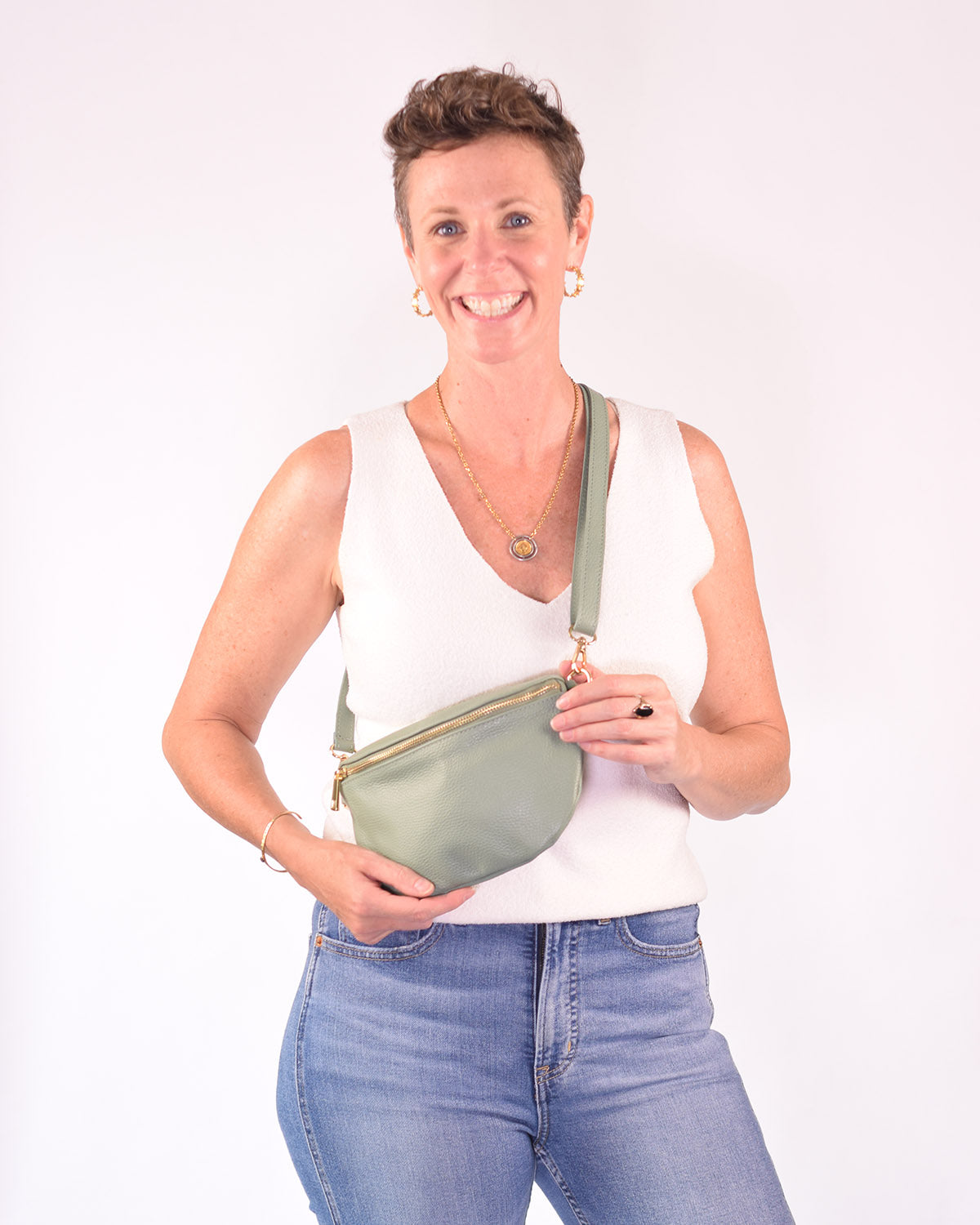 Medium Italian Leather Sling / Crossbody Bag - Sage