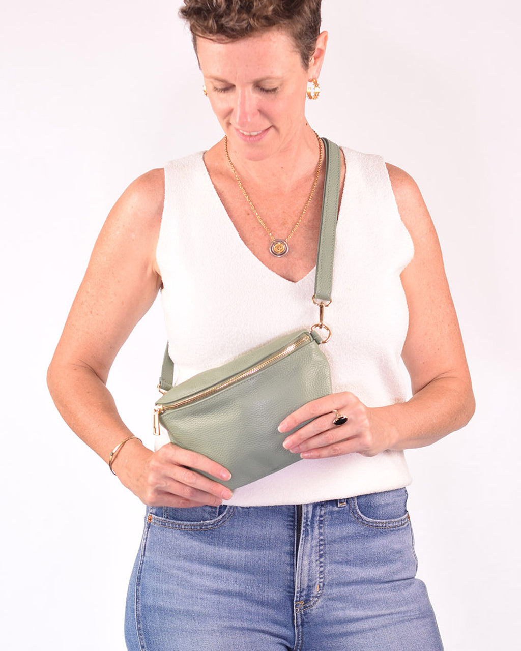 Medium Italian Leather Sling / Crossbody Bag - Sage
