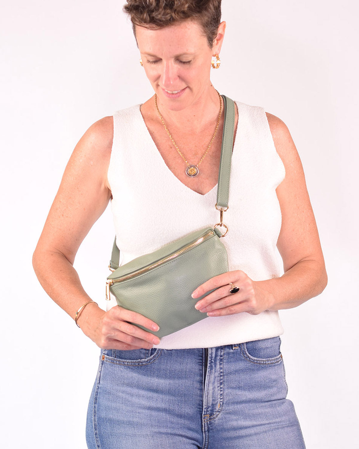 Medium Italian Leather Sling / Crossbody Bag - Sage