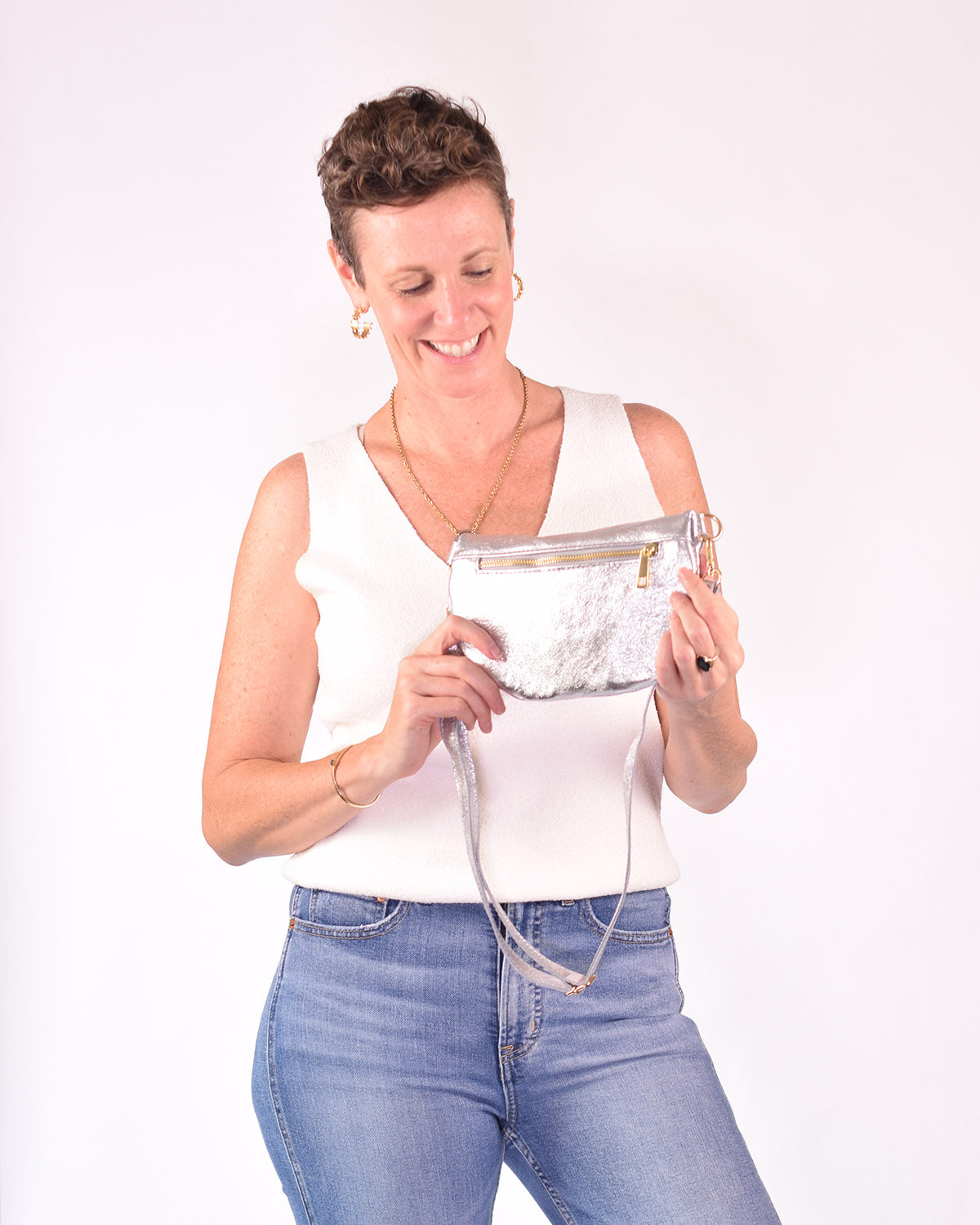 Medium Italian Leather Sling / Crossbody Bag - Shimmery Silver