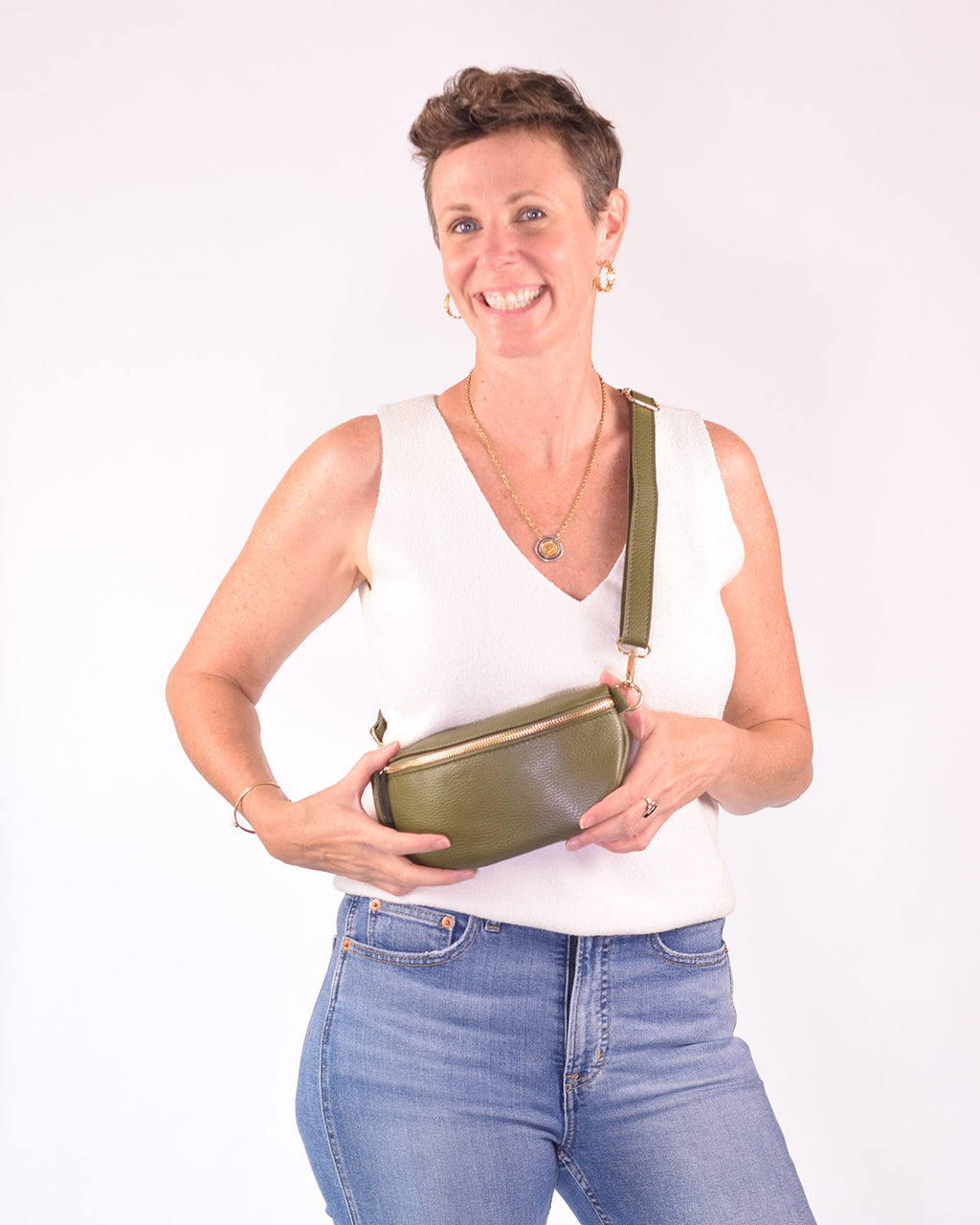 Small Italian Leather Sling / Crossbody Bag - Olive Green