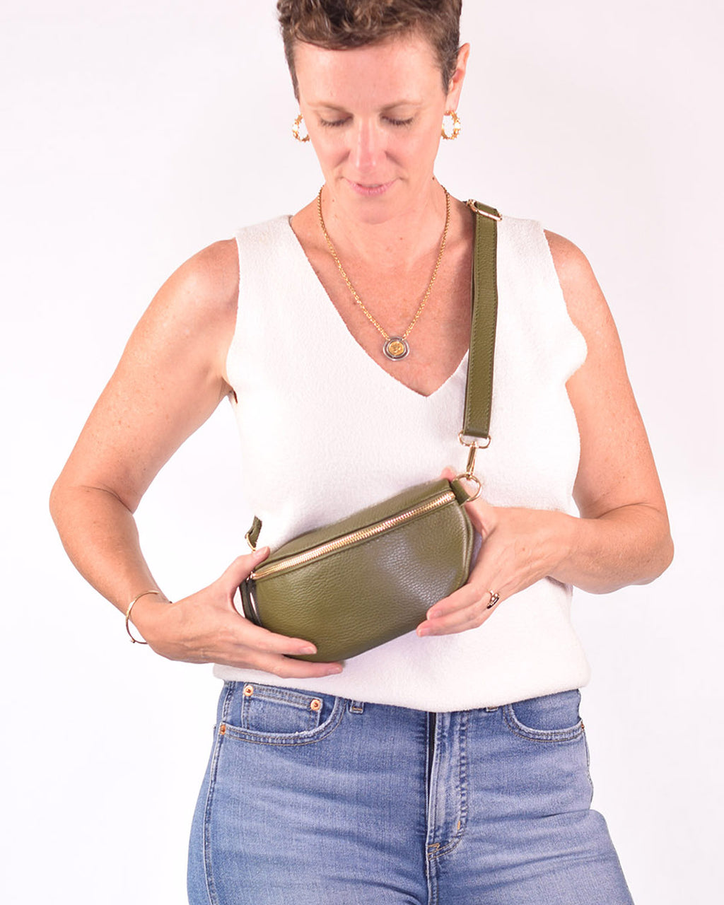 Small Italian Leather Sling / Crossbody Bag - Olive Green