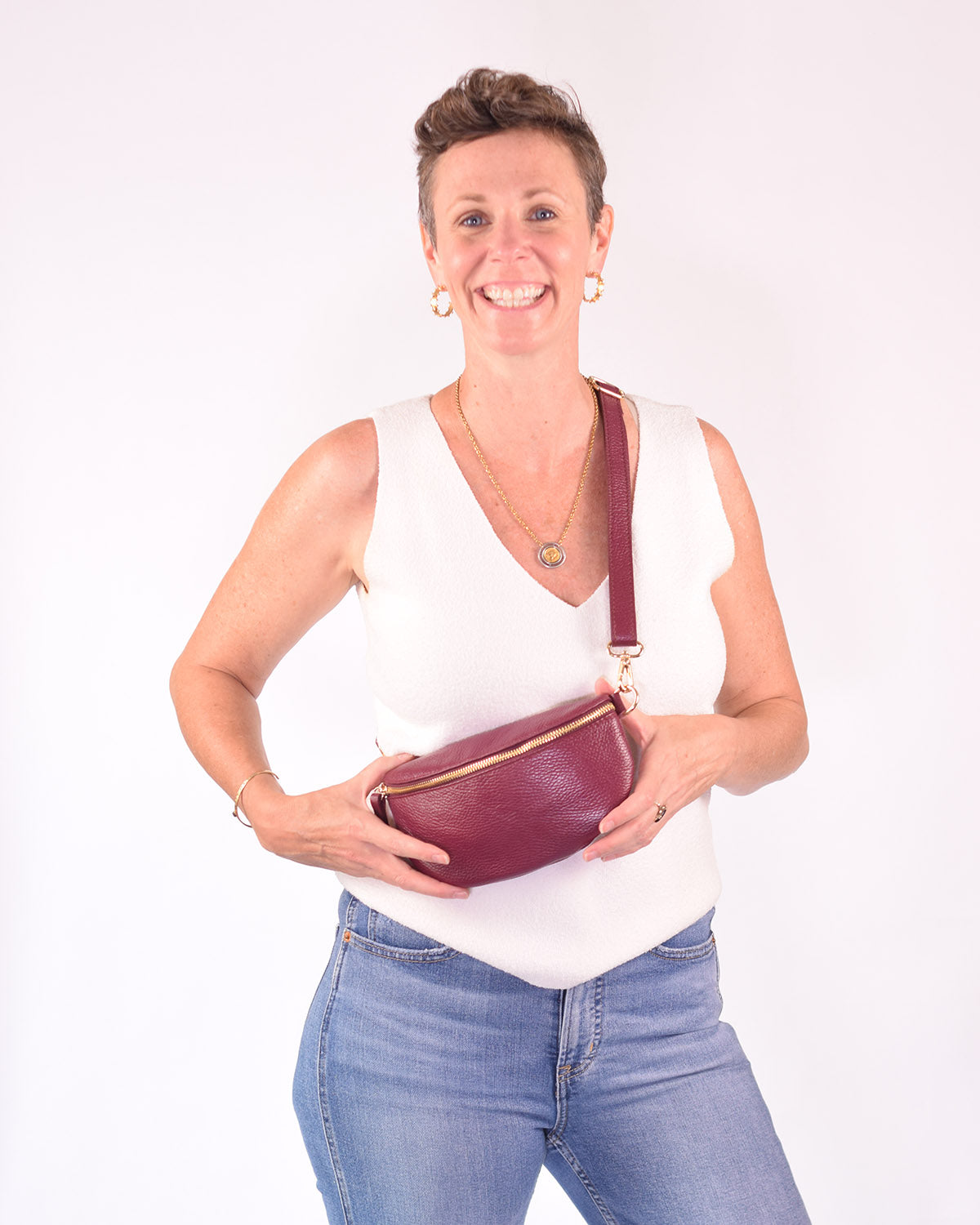 Small Italian Leather Sling / Crossbody Bag - Deep Berry