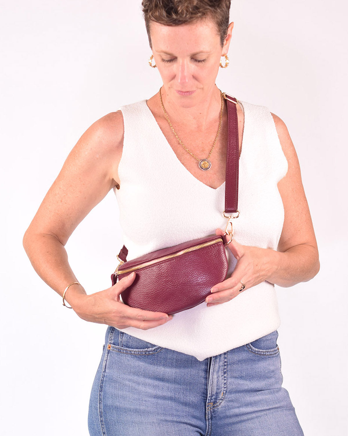 Small Italian Leather Sling / Crossbody Bag - Deep Berry