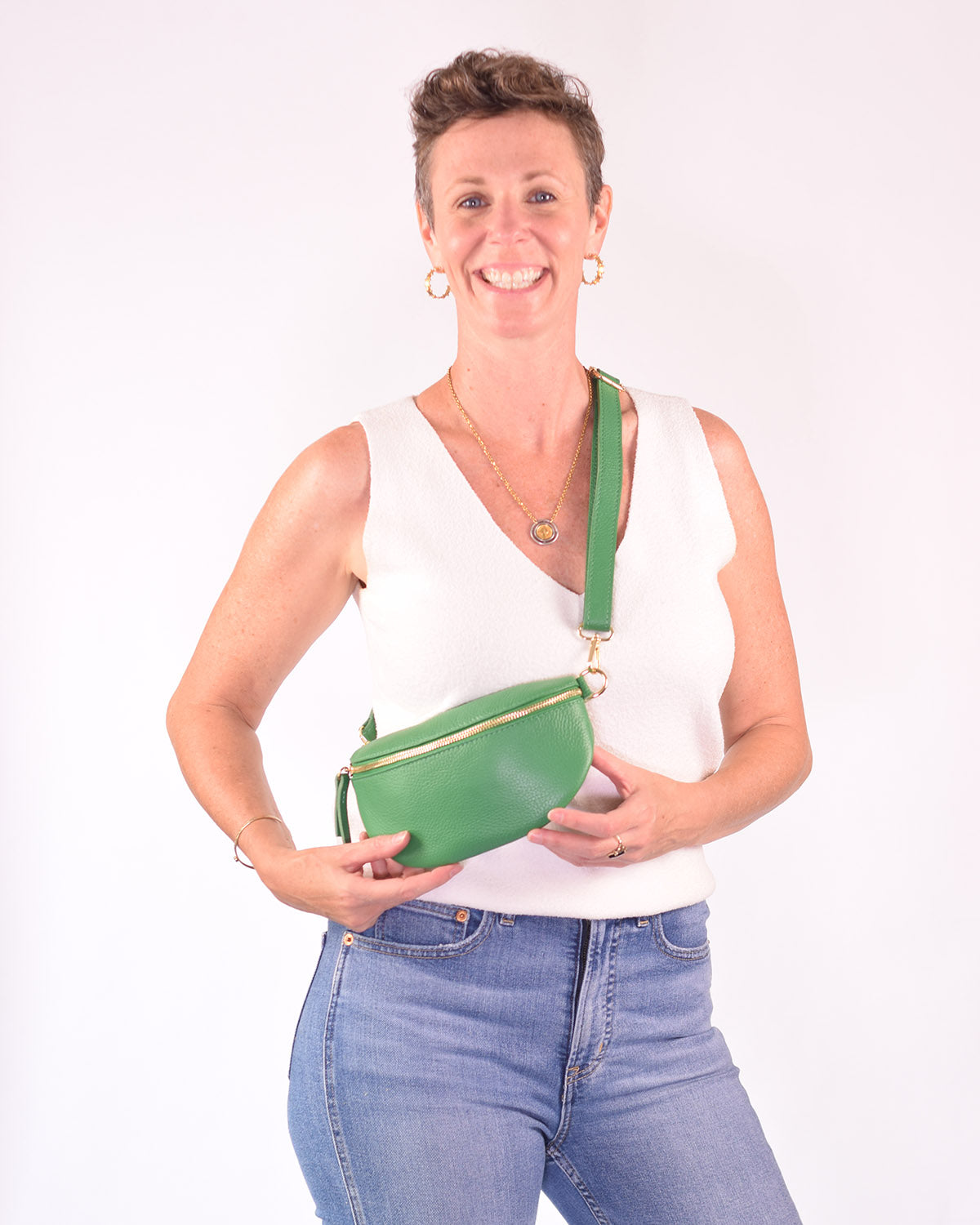 Small Italian Leather Sling / Crossbody Bag - Kelly Green