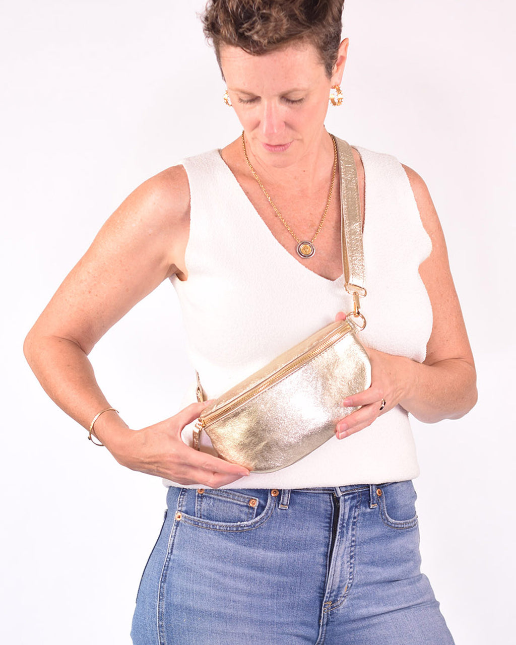 Small Italian Leather Sling / Crossbody Bag - Shimmery Gold