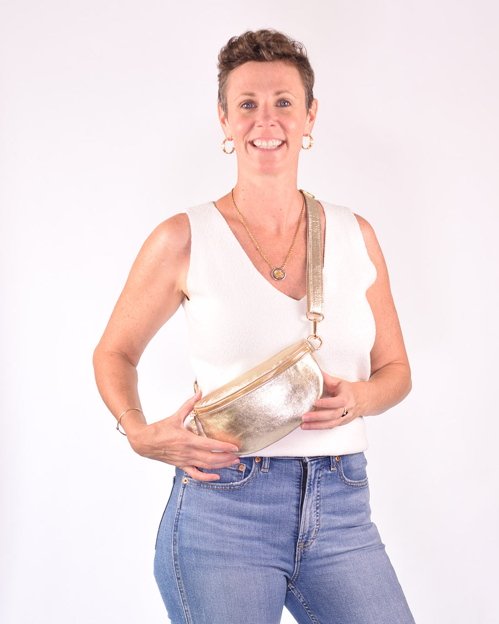 Small Italian Leather Sling / Crossbody Bag - Shimmery Gold