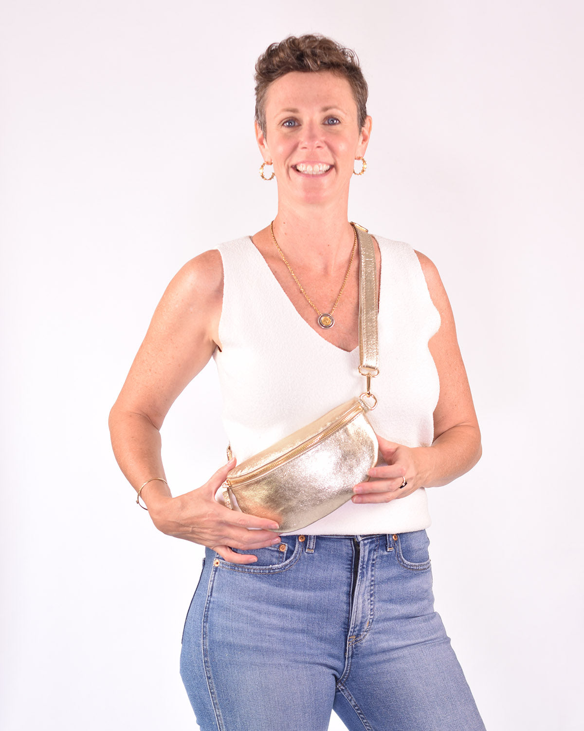 Small Italian Leather Sling / Crossbody Bag - Shimmery Gold