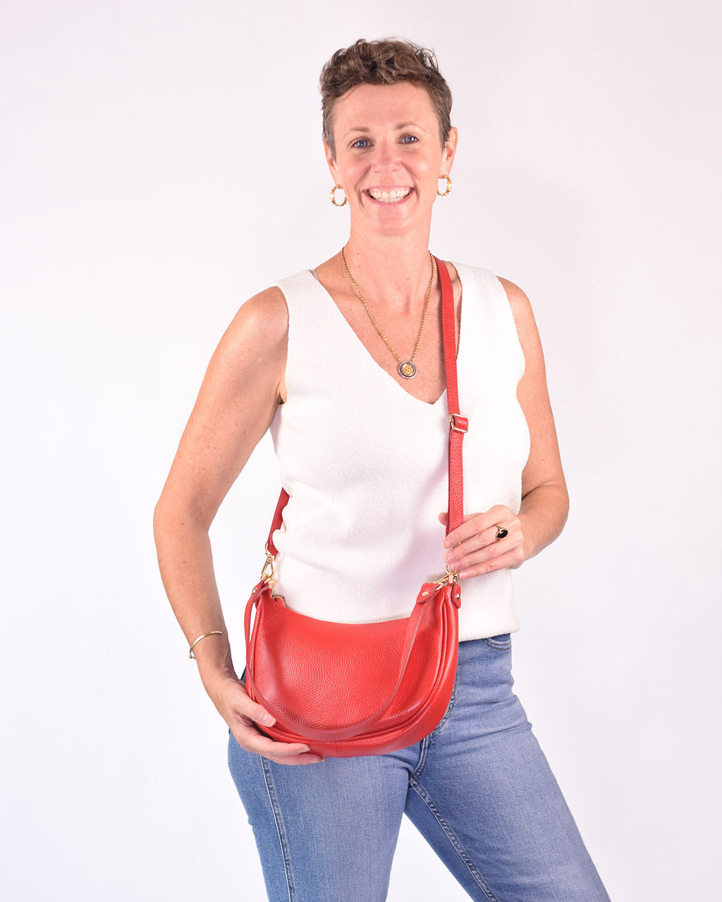 Italian Leather Crescent Purse - Cherry Red