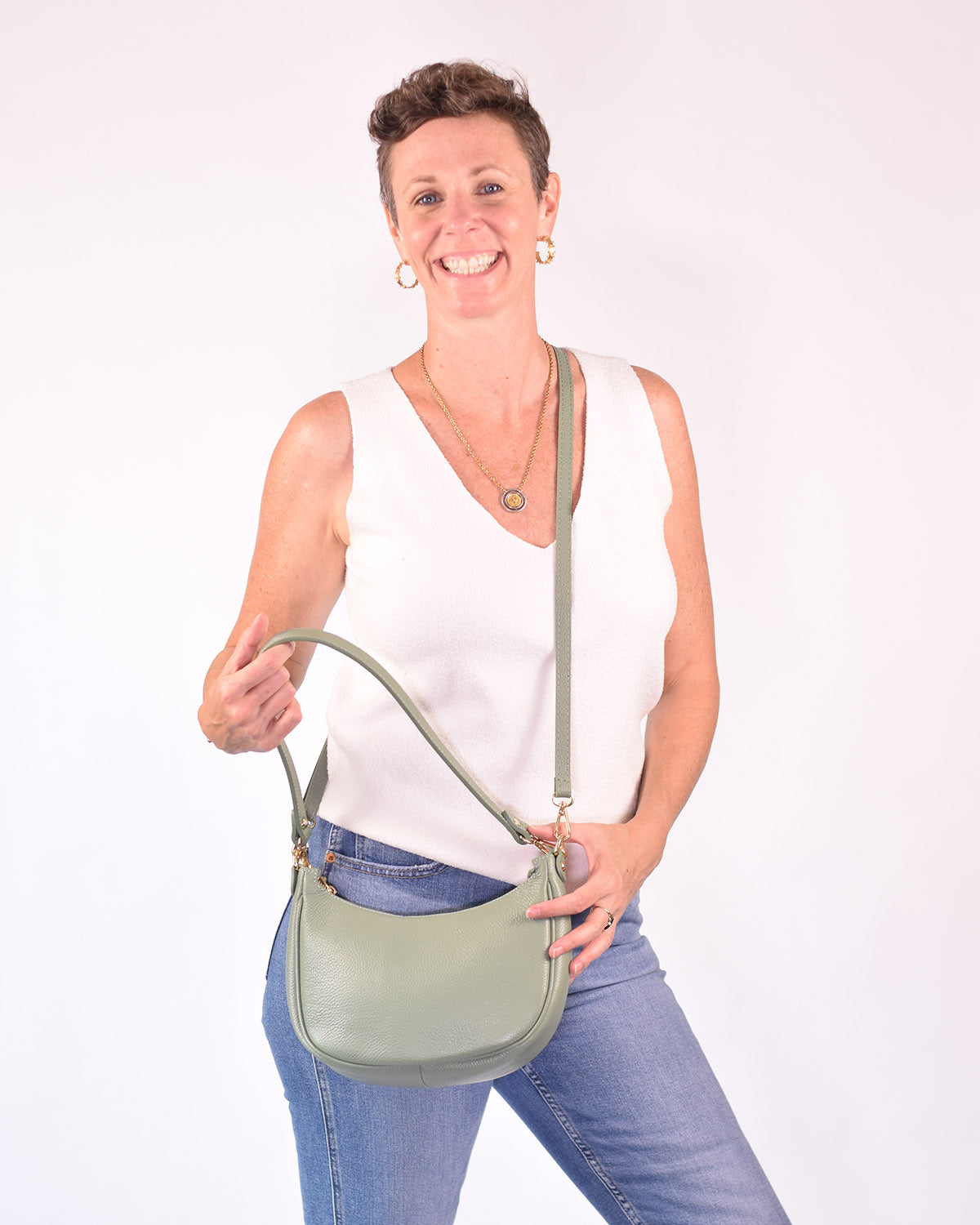 Italian Leather Crescent Purse - Sage