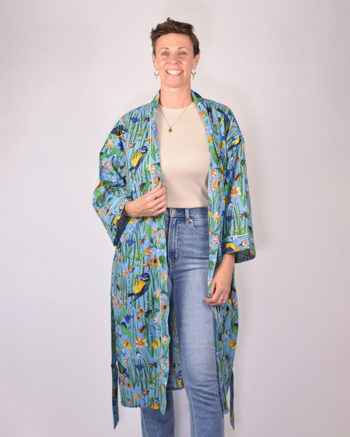 Lightweight Cotton Robe / Kimono - Bird Bath - Blue