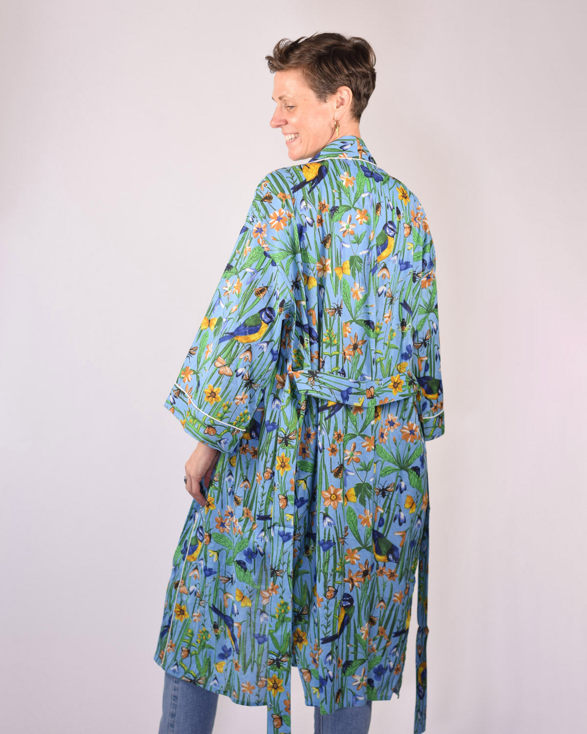 Lightweight Cotton Robe / Kimono - Bird Bath - Blue
