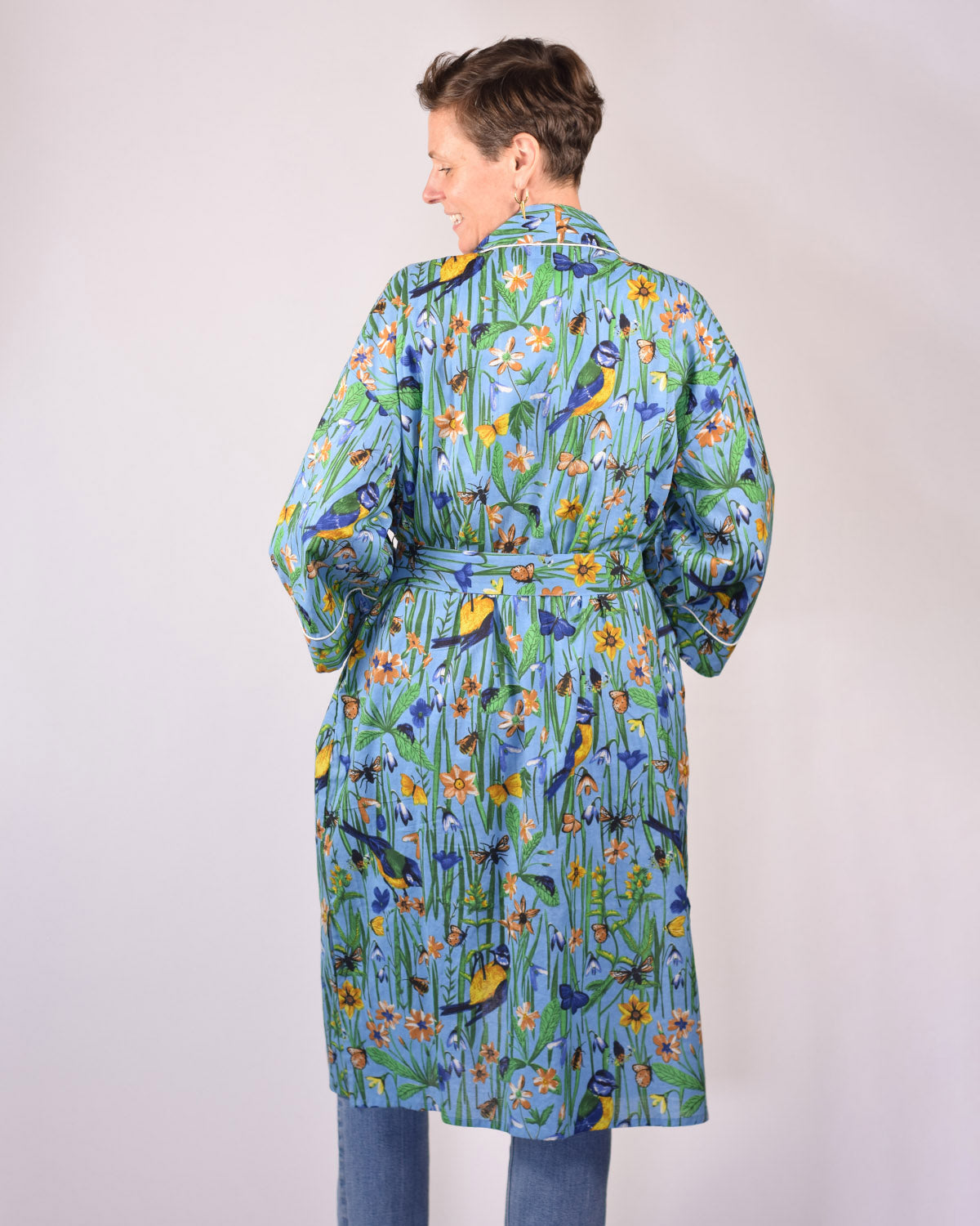 Lightweight Cotton Robe / Kimono - Bird Bath - Blue