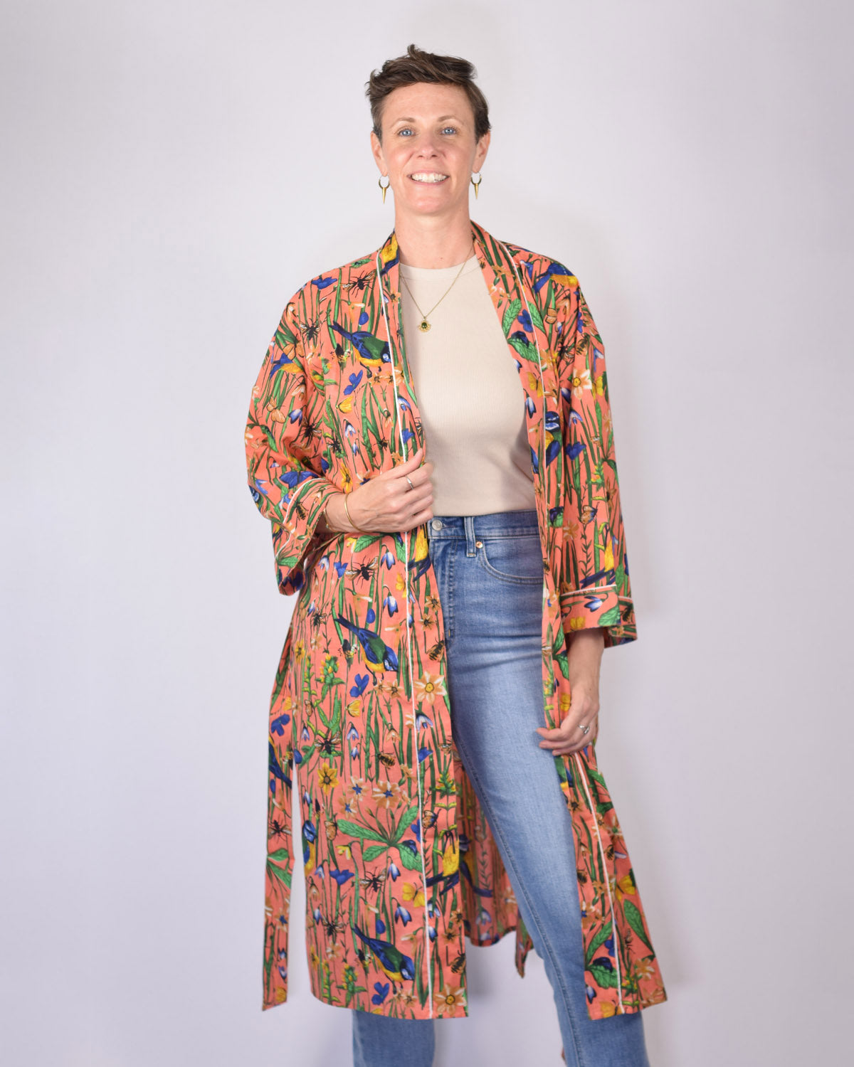 Lightweight Cotton Robe / Kimono - Bird Bath - Coral