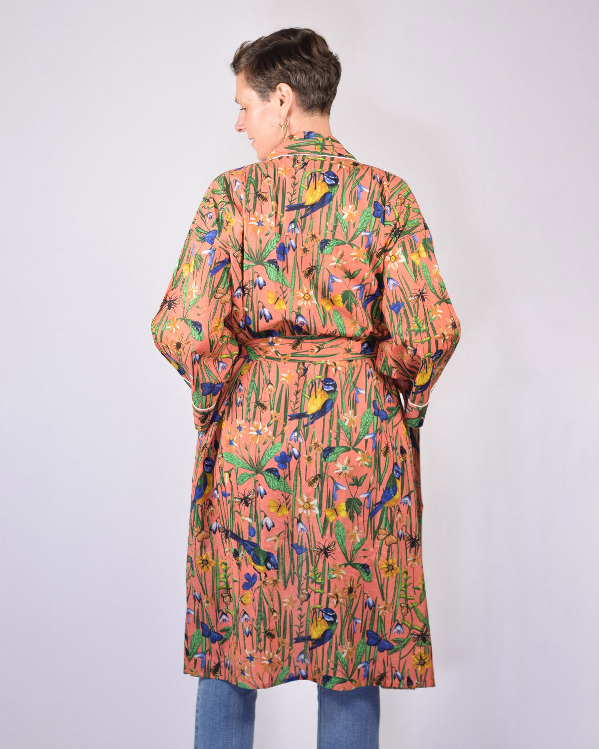 Lightweight Cotton Robe / Kimono - Bird Bath - Coral