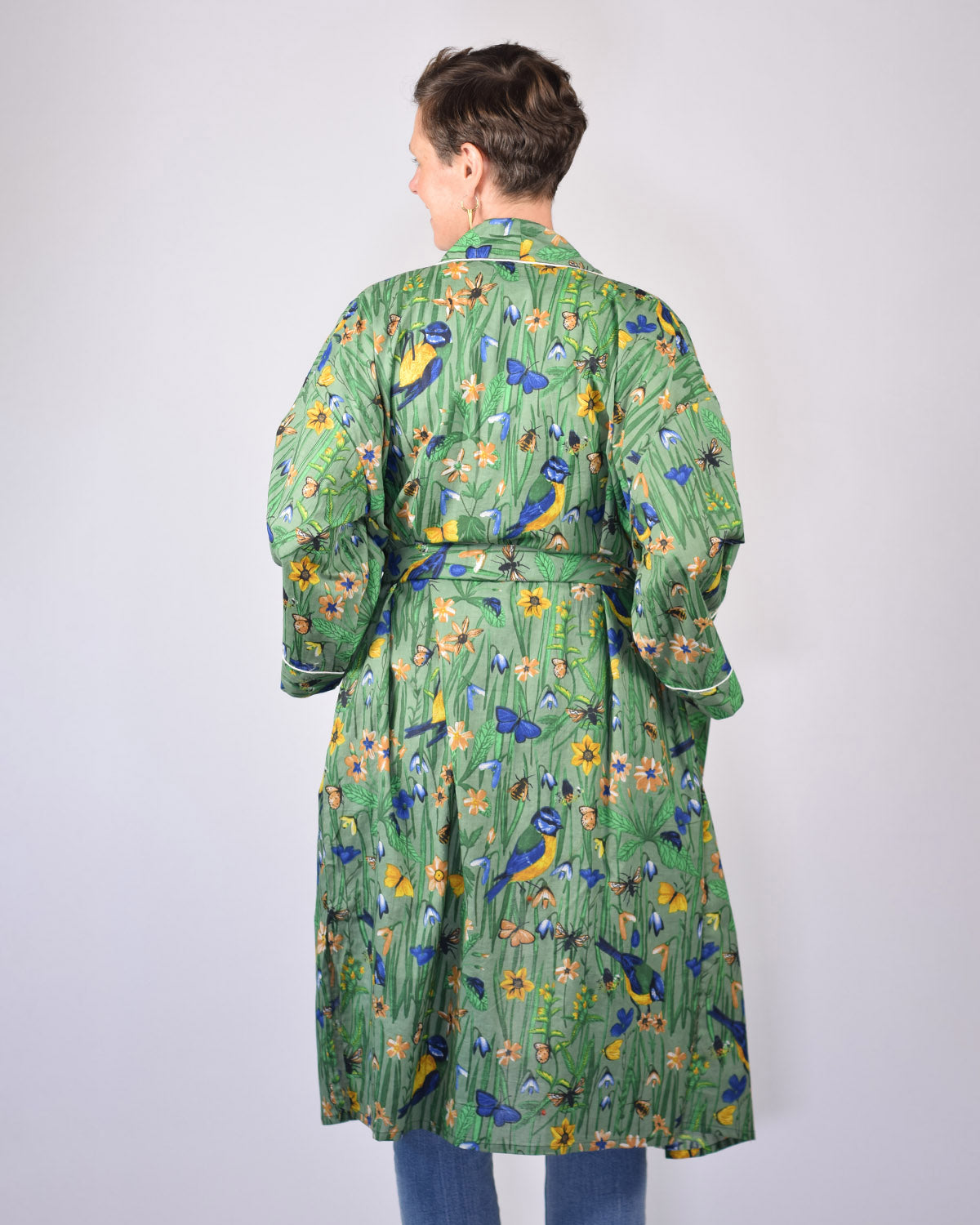 Lightweight Cotton Robe / Kimono - Bird Bath - Green