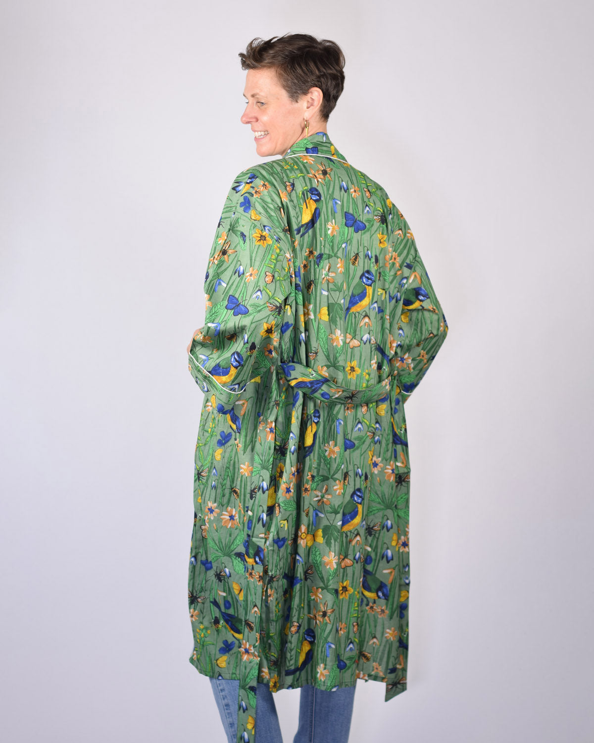 Lightweight Cotton Robe / Kimono - Bird Bath - Green