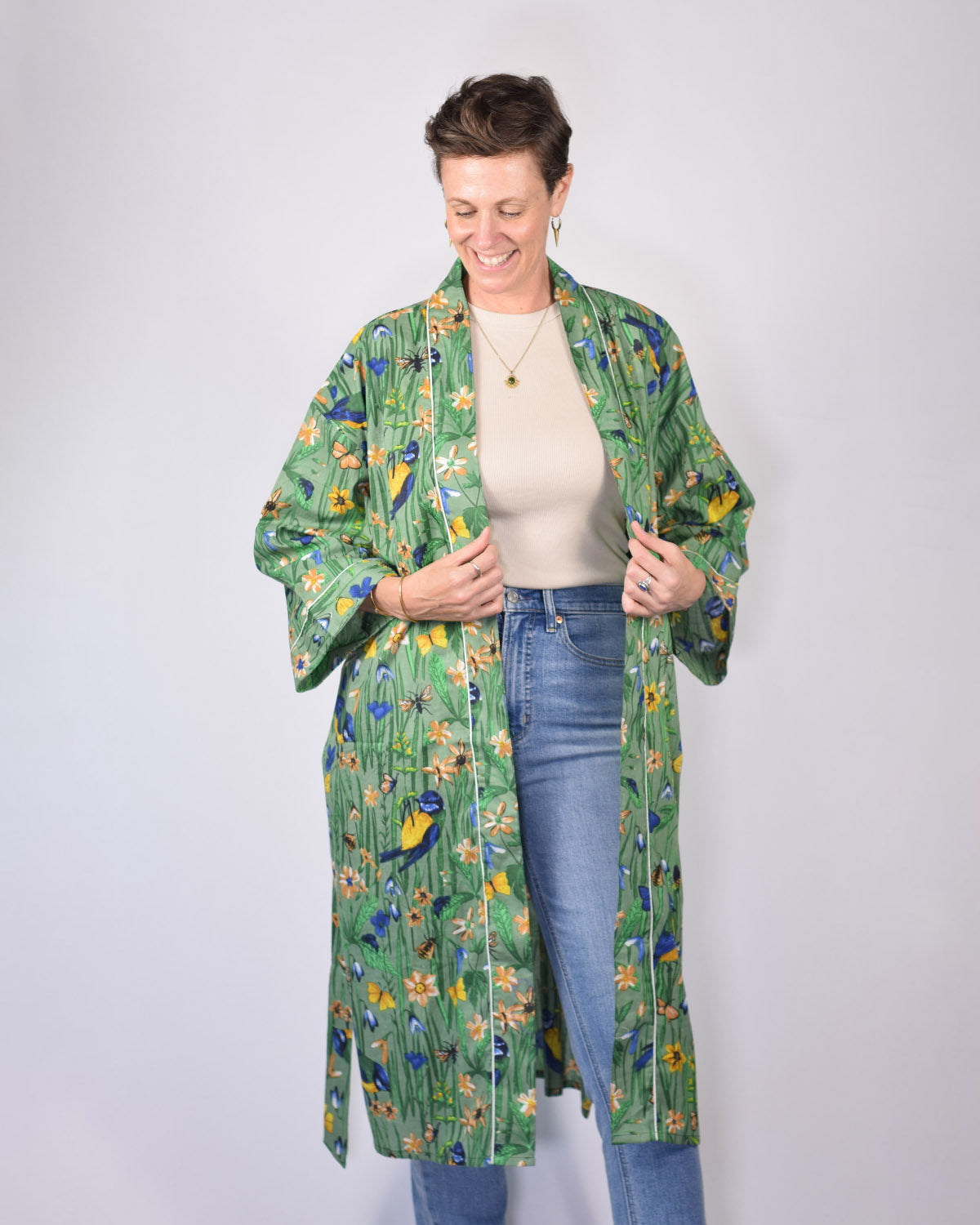 Lightweight Cotton Robe / Kimono - Bird Bath - Green