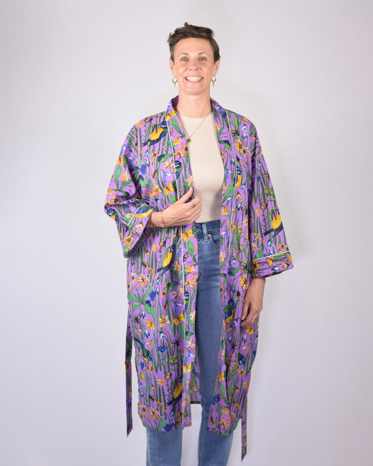 Lightweight Cotton Robe / Kimono - Bird Bath - Lavender