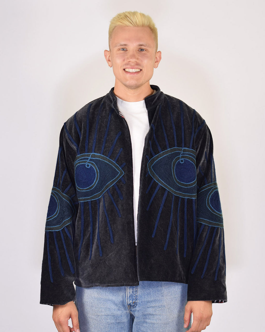 XL - Extended Sized - "Evil Eye" Suzani Embroidered Velvet Jacket/Cardigan - 02